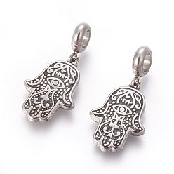 Античное Серебро 304 подвески из нержавеющей стали, Подвески с большими отверстиями, hamsa рука / рука fatima / рука miriam с глазом, античное серебро, 34.5 мм, отверстие: 5.2 мм, кулон: 23x16.5x2.3 мм