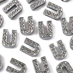 Letter U Alloy Initial Slide Charms with Grade A Rhinestones, Lead Free & Nickel Free, Platinum, Letter.U, 12~13x8~13x4~5mm, Hole: 8x2mm