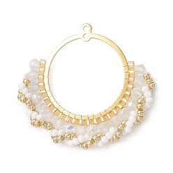 Белый Стеклянные подвески, кольцо очарование, с латунными соединительными подвесками и стеклянными бусинами., белые, 36x40x4.5 мм, отверстие : 1.4 мм