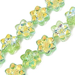Зелено-Желтый Стеклянные бусины с гальваническим покрытием , цветок, с покрытием AB цвета, с половиным покрытием, зеленый желтый, 12x13x5 мм, отверстие : 1 мм, около 50 шт / нитка, 25.59'' (65 см)