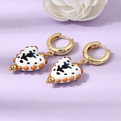 Bleu De Prusse Boucles d'oreilles créoles en laiton, coeur avec motif de fleurs, avec porcelaine, sans plomb et sans cadmium, crémaillère plaquage, plaqué longue durée, réel 18 k plaqué or, null, 40~41x17mm