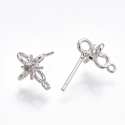 Real Platinum Plated Brass Stud Earring Findings, with Loop & Cubic Zirconia, Clear, Cross, Nickel Free, Real Platinum Plated, 11x9mm, Hole: 1mm, Pin: 0.8mm