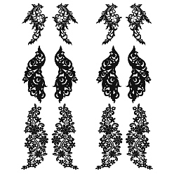 Black 6 Pairs 3 Styles Polyester Embroidery Flower Lace Appliques, Sew on Ornament Accessories, Black, 233~290x130~145x1.2mm, 2 pairs/styles