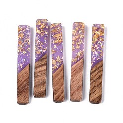 Средний Фиолетовый Подвески из непрозрачной смолы и орехового дерева, прямоугольник амулеты, с блестящей пудрой и золотой фольгой, средне фиолетовый, 51.5~52x7~7.5x3~4 мм, отверстие : 2 мм
