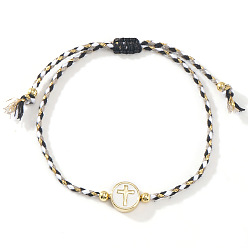 Черный Браслеты из плетеных бусин с эмалью и латунью, плетеные браслеты из синтетического шнура для женщин, плоские круглые с крестом, чёрные, 11.02 дюйм (28 см)