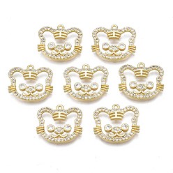 Real 18K Gold Plated Brass Micro Pave Clear Cubic Zirconia Pendants, Rack Plating, Nickel Free, Tiger, Real 18K Gold Plated, 15x17.5x3mm, Hole: 1mm