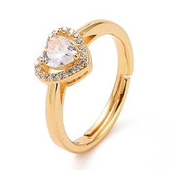 Настоящее золото 18K Регулируемое кольцо в форме сердца из прозрачного кубического циркония, стеллаж для латунных украшений для женщин, без кадмия и без свинца, реальный 18 k позолоченный, размер США 6 1/2 (16.9 мм)
