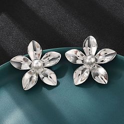 Платина Серьги-гвоздики из латуни, АБС-пластика, искусственный жемчуг, цветок, долговечный, без свинца и без кадмия, платина, 31x32 мм