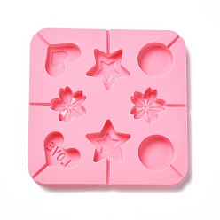 Pink DIY Lollipop Making Food Grade Silicone Molds, Candy Molds, Heart, Sakura, Flat Round & Star, 8 Cavities, Pink, 165x165x12.5mm, Inner Diameter: 35~47x38~48.5mm, Fit for 3mm Stick