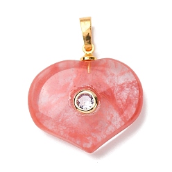 Вишневый Кварц Вишневое из кварцевого стекла подвески, подвески в форме сердца с латунной микрофиброй и фианитами, золотые, 25.5x25x9 мм, отверстие : 6.5x4 мм