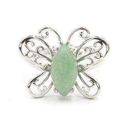 Зеленый Авантюрин Регулируемые кольца для женщин с натуральным зеленым авантюрином «конский глаз», металлические кольца на палец в виде бабочки платинового тона, Бабочка: 20x24 mm