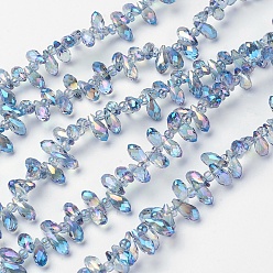 Light Blue Electroplate Glass Beads Strands, Top Drilled Beads, Full Rainbow Plated, Faceted, Teardrop, LightBlue, 9x4mm, Hole: 1mm, 3x2mm, about 98~100pcs/strand, 14~14.5 inch