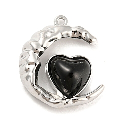 Platinum Alloy with Glass Pendants, Moon & Heart Charms, Platinum, 24x20x7mm, Hole: 1.5mm