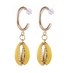 Gold Brass Dangle Stud Earrings, with Alloy Enamel Beads and Plastic Ear Nuts, Cowrie Shell Shape, Gold, 45~46mm, Pin: 0.8mm