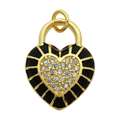 Black Brass Micro Pave Clear Cubic Zirconia Pendants,  with Enamel and Jump Rings, Light Gold, Cadmium Free & Nickel Free & Lead Free, Heart, Black, 20x15x4mm, Jump Ring: 5x1mm, 3mm