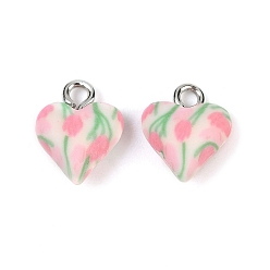 Ярко-Розовый Подвески из полимерной глины ручной работы, сердце, с платиновыми тоновыми железными петлями, ярко-розовый, 13x10x6 мм, отверстие : 2 мм