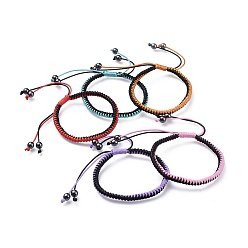 Mixed Color Adjustable Waxed Polyester Cord Braided Bracelets, with Non-Magnetic Synthetic Hematite Beads, Mixed Color, 2-1/4 inch(5.6cm)