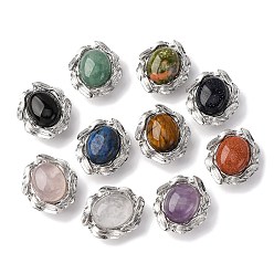 Смешанные камни Овальные многорядные звенья из натуральных и синтетических смешанных драгоценных камней, латунные перья обернутые драгоценными камнями ссылки, платина, стойки покрытие, 16x14x7.5 мм, отверстие : 1.5 мм