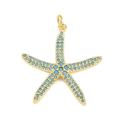 Golden Brass Micro Pave Sky Blue Cubic Zirconia Pendants, Starfish Charms, Golden, 27x25.5x2mm, Hole: 3.2mm