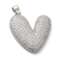 Платина Латунные микропаве прозрачные подвески с фианитом, без кадмия и без свинца, сердце, платина, 31x28x7 мм, отверстие : 4x5 мм