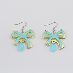 Голубой Акриловые серьги болтаться, бантом со слезой, платина, голубой, 57x36 мм
