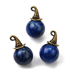 Ляпис-Лазурь Круглые подвески из натурального лазурита с ведьминой шляпой из сплава, античная бронза, 27~27.5x16~16.5 мм, отверстие : 1.5x2 мм