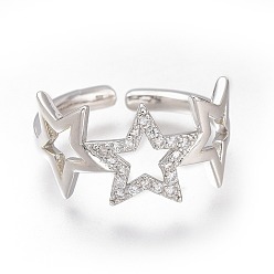 Платина Латунные кольца из манжеты с прозрачным цирконием, открытые кольца, долговечный, звезда, платина, размер США 6 (16.5 мм)