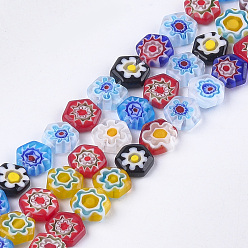 Gemischte Farbe Millefiori-Glasperlen Stränge, Hexagon, Gemischte Farbe, 8~8.5x8~8.5x3 mm, Bohrung: 1 mm, ca. 48 Stk. / Strang, 14.9 Zoll