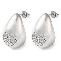Platinum Teardrop with Heart Brass Micro Pave Clear Cubic Zirconia Stud Earrings, Long-Lasting Plated, Lead Free & Cadmium Free, Platinum, 21x14mm