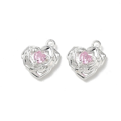 Misty Rose Valentine's Day Brass Micro Pave Cubic Zirconia Charms, Heart Shaped Rose Charms, 925 Sterling Silver Plated, Misty Rose, 13.5x12.5x4mm, Hole: 1.3mm