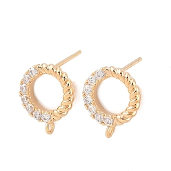 Золотой Фурнитура для сережек-гвоздиков из латуни с микропаве из прозрачного кубического циркония, с петлей, золотые, 12x10 мм, отверстие : 1.2 мм, штифты : 0.8 мм