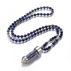 Ляпис-Лазурь Ожерелье из натурального лазурита, со стеклянной бусинами и латунной фурнитурой, пуля, 27.9 дюйм (71 см), бусины : 6 мм, Кулон : 65x17.5 мм