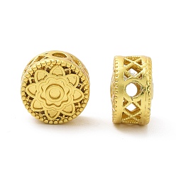 Matte Gold Color Rack Plating Brass Beads, Long-Lasting Plated, Lead Free & Cadmium Free, Flat Round with Flower, Matte Gold Color, 10x6mm, Hole: 2mm