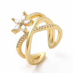 Прозрачный Кубический цирконий цветок с крест-накрест открытым кольцом-манжетой, настоящие позолоченные украшения из латуни для женщин, без кадмия и без свинца, прозрачные, внутренний диаметр: 18 мм