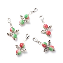 Antique Silver Two-Tone Spray Painted Resin Round Beaded Pendant Decorations, Angel Clip-on Charms, with Brass Lobster Claw Clasps and Alloy Wing Charms, Antique Silver, 41mm
