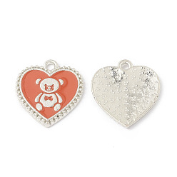 Coral Alloy Enamel Pendants, Heart with Bear Pattern Charm, Platinum, Coral, 21x19x1.7mm, Hole: 2mm