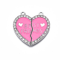 Темно-Розовый Подвеска из сплава эмали, со стразами, без кадмия, без никеля и без свинца, платина, разбитое сердце со словом лучший друг, темно-розовыми, 31x30.5x2 мм, отверстие : 2 мм