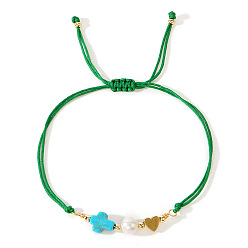 Зеленый Браслеты из пресноводного жемчуга и бирюзовых бусин, плетеные браслеты из нейлонового шнура для женщин, крест и сердце, зелёные, внутренний диаметр: 11 дюйм (28 см)