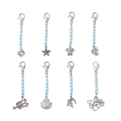 Античный Серебристый & Платиновый 8 шт. подвесные украшения из цинкового сплава в виде морских животных, стеклянные бусины и застежки-клешни для украшений сумок, старинное серебро и платина, 60~70 мм, Кулон : 12.5~20x12~23.5x2~4.5 мм, застежка : 16x10x3.5 mm