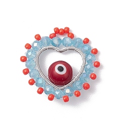 Оранжевый Стеклянные бусы подвески, сердце с сглаза, с 304 соединительным кольцом из нержавеющей стали и стеклянными бусинами, оранжевые, 24.5x25x8 мм, отверстие : 1.6x3.5 мм