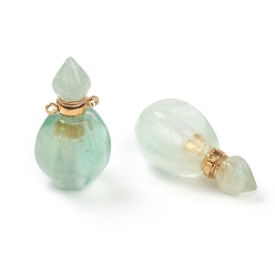 Fluorite Faceted Natural Fluorite Pendants, Openable Perfume Bottle, with Golden Tone Brass Findings, 32~33x17~18x16mm, Hole: 2mm, capacity: 1ml(0.03 fl. oz)