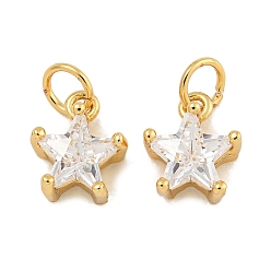 Настоящее золото 18K Покрытие стойки латунь микропаве прозрачные кубические циркониевые подвески, без свинца и без кадмия, долговечный, звезда, реальный 18 k позолоченный, 10.5x8.5x5.5 мм, отверстие : 3.5 мм