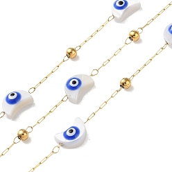 Real 18K Gold Plated Ion Plating(IP) 304 Stainless Steel Link Chains, with Shell & Enamel & Spool, Soldered, Real 18K Gold Plated, 2x0.7x0.2mm, Moon: 8x5.5x3.5mm,, about 32.81 Feet(10m)/Roll