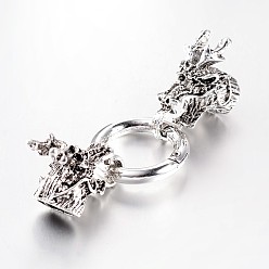 Античное Серебро Головка дракона сплава тибетского стиля с кольцом ворот ворот весны, уплотнительные кольца, античное серебро, 65x25 мм, Внутренний диаметр: 10x7 мм