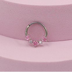 Нержавеющая Сталь Цвет 316l хирургическая нержавеющая сталь паве жемчужно-розовый кубический цирконий носовые кольца в форме сердца, цвет нержавеющей стали, внутренний диаметр: 10 мм, штифты : 1.2 мм