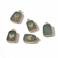 Зеленый Авантюрин Естественный зеленый авантюрин подвески, прямоугольник с латунными сердечками золотистого оттенка, 22x13 мм