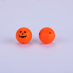 Orange Printed Round with Ghost Pattern Silicone Focal Beads, Orange, 15x15mm, Hole: 2mm