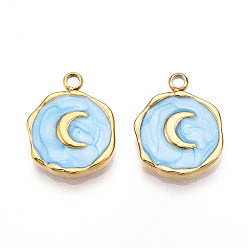 Светло-Голубой 304 подвески из нержавеющей стали, с эмалью, плоская круглая с лунными подвесками, ионное покрытие (ip), реальный 18 k позолоченный, Небесно-голубой, 16x12.5x2.5 мм, отверстие : 1.6~1.8 мм