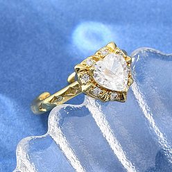 Настоящее золото 18K Открытые кольца манжеты из латуни с микропаве и кубическим цирконием, сердце, стойки покрытие, долговечный, без кадмия и без свинца, реальный 18 k позолоченный, размер США 7 1/4 (17.5 мм), Сердце: 10.5x12 mm