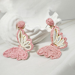 Pink Серьги-подвески из рафии и железа, бабочка, розовые, 70x55 мм